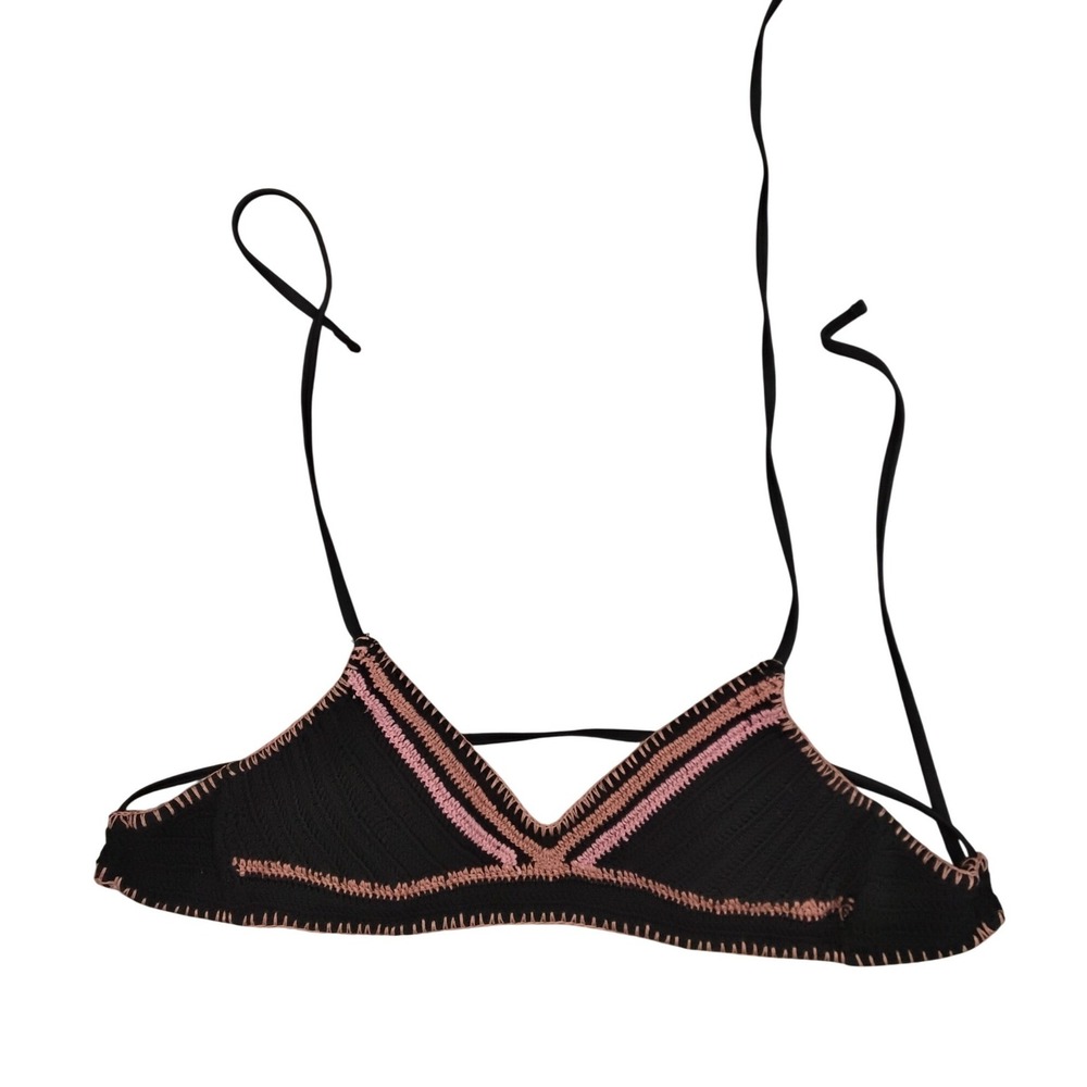 Xhilaration Womens Crochet Triangle Bikini Top Black Pink Embroidered Boho Small